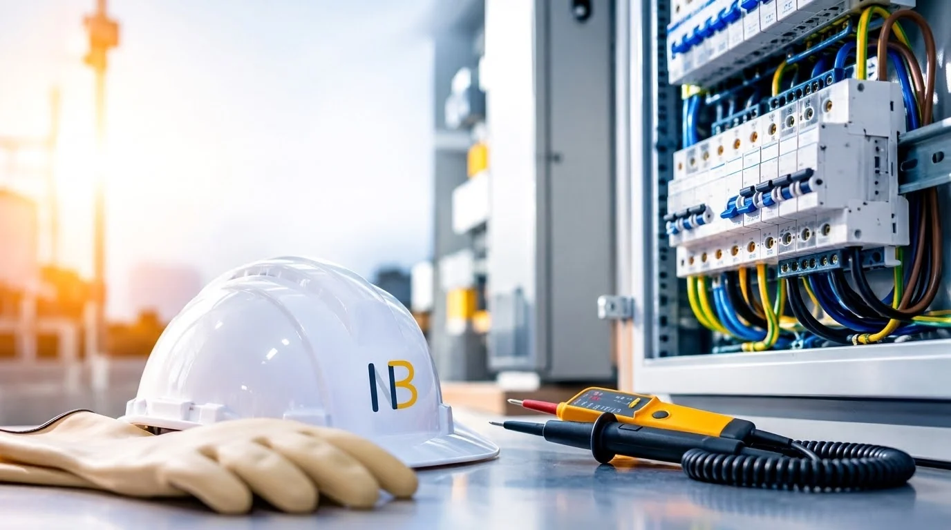 Casque de chantier NB Formation, gants et vérificateur d'absence de tension devant une armoire électrique